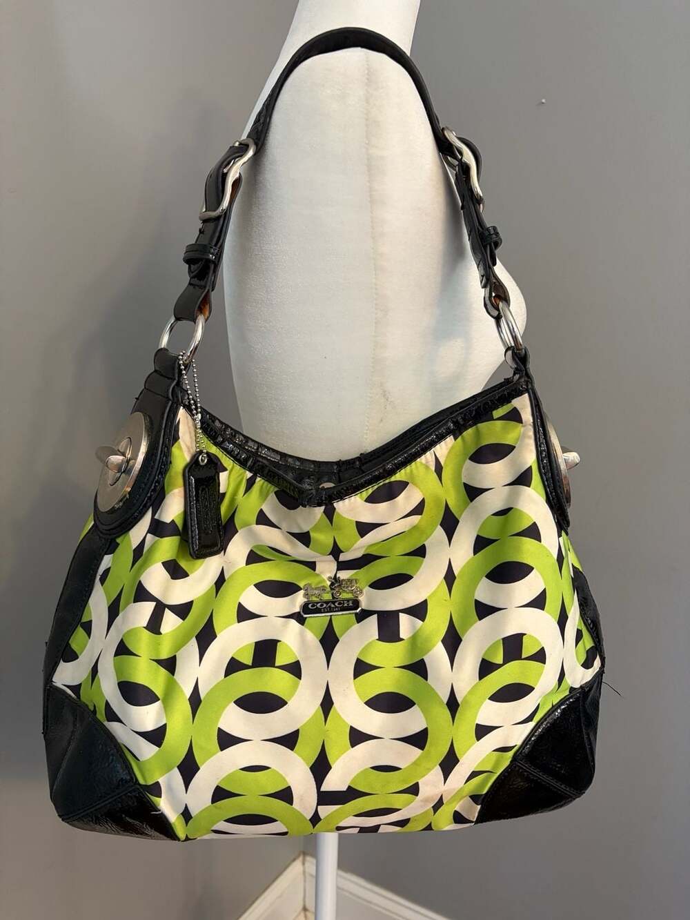 Coach Green White Black Op Art Canvas Peyton Hobo Shoulder Bag